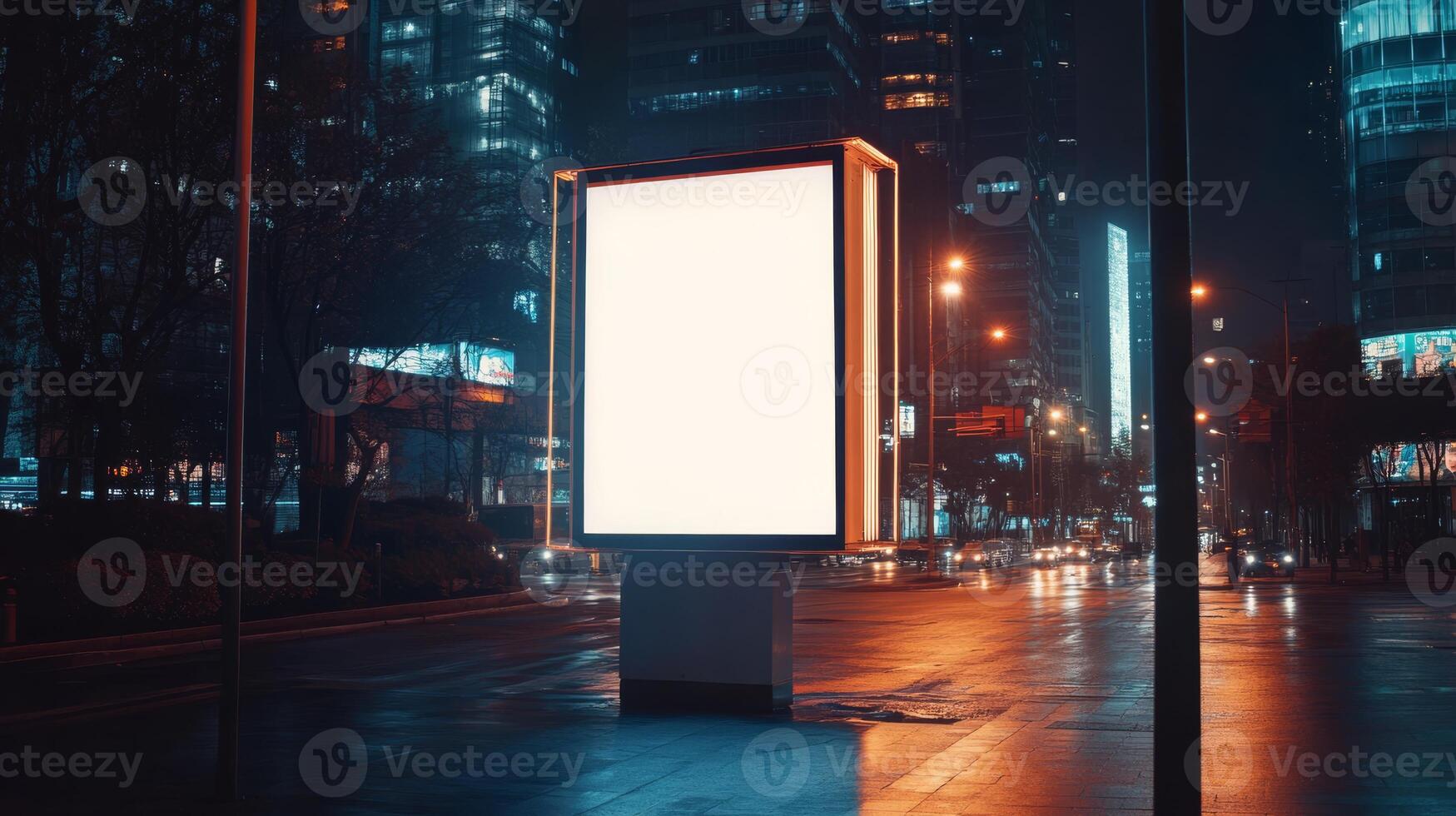 In a bustling city at night, there stands a vacant billboard amidst the backdrop of illuminated buildings and vibrant lights, providing a prime blank canvas for various advertisements and promotions photo
