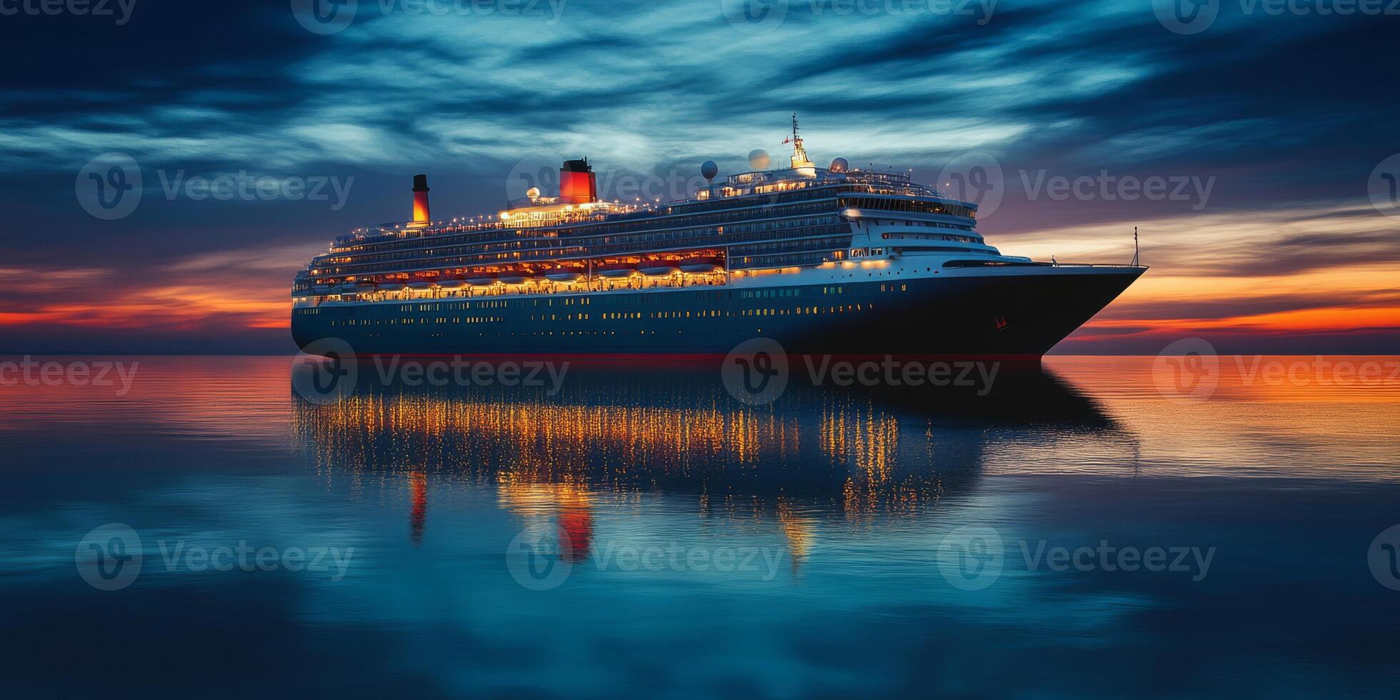 The picturesque sunset presents a breathtaking view of a glowing cruise ship gracefully floating on the calm waters, creating a perfect and serene backdrop for a relaxing evening adventure by the sea photo