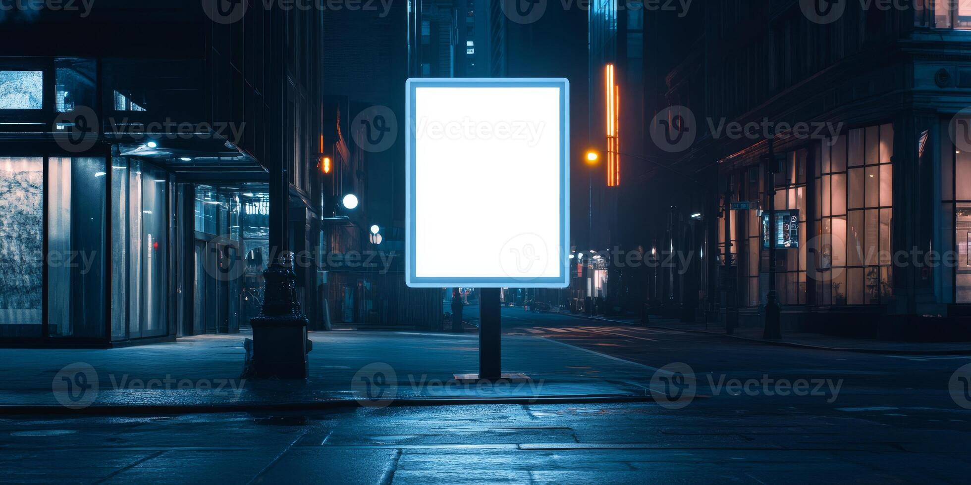 In a busy urban area, a blank billboard waits in a dim alley at night, surrounded by bright buildings, ready for marketing and advertising to create captivating visuals and messages photo
