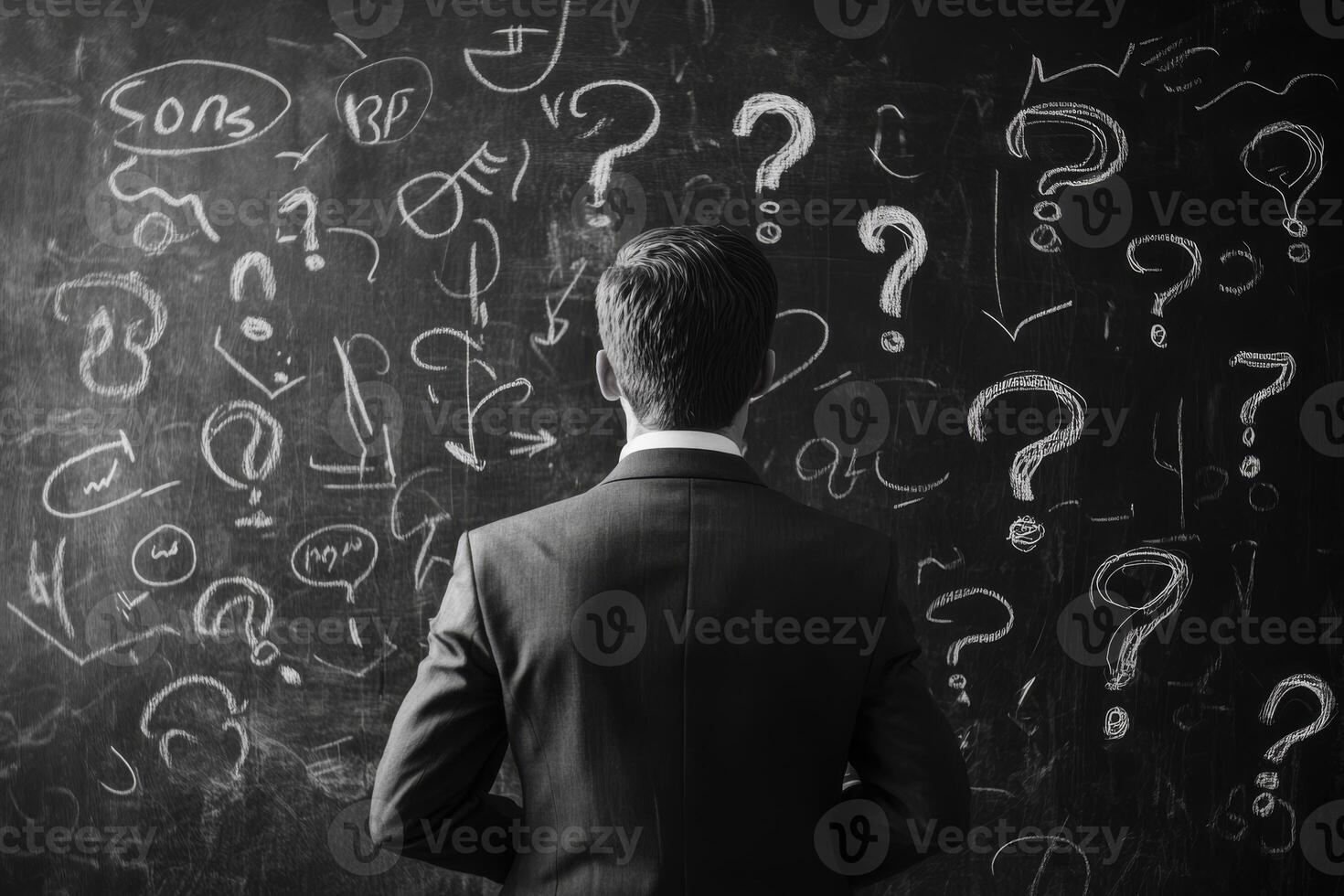 A man stands before a blackboard filled with question marks and scribbles, pondering his business plan and exploring the uncertainty of the future and the creativity in developing innovative ideas photo