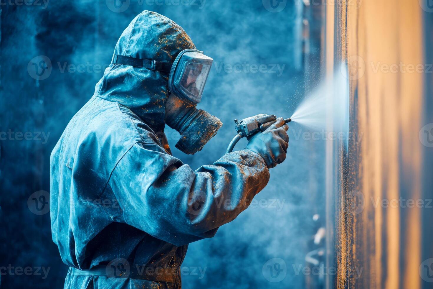 A skilled technician in a modern steel manufacturing facility expertly uses a spray gun to apply paint coatings, ensuring high quality and crucial corrosion protection during the process photo