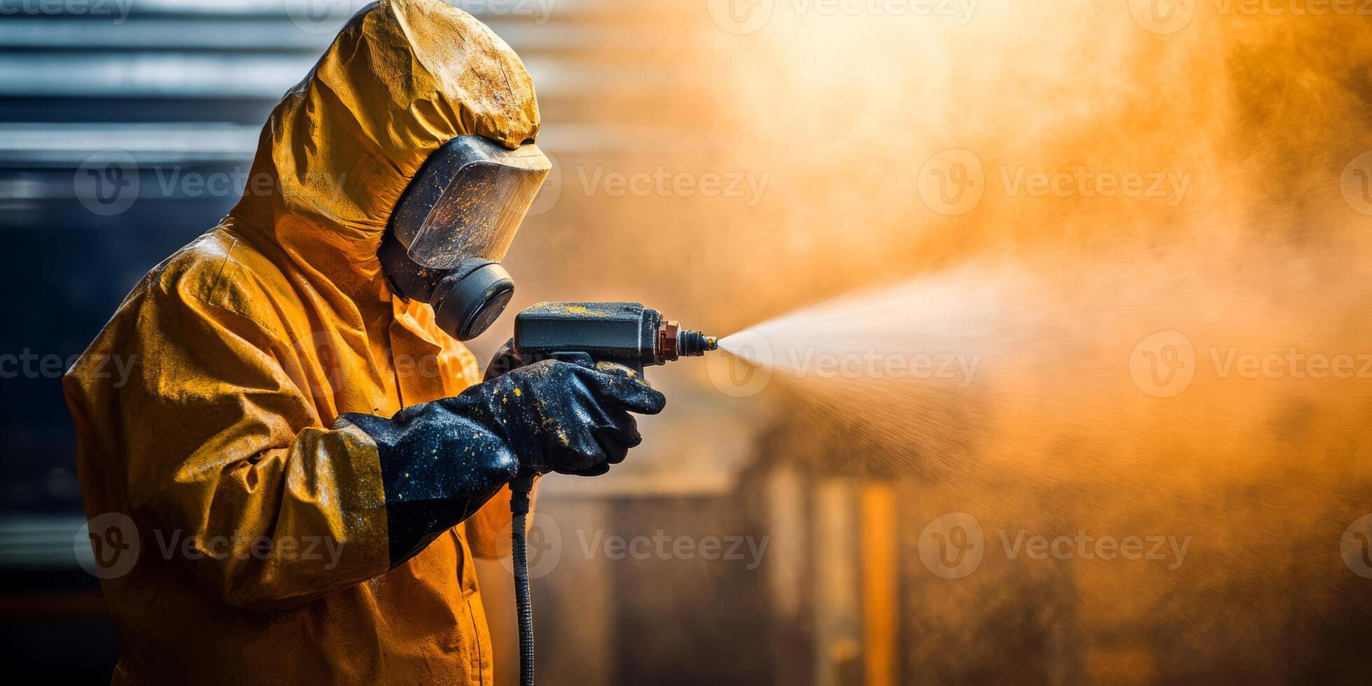 A skilled technician in protective gear applies bright orange coating with a spray gun on machinery, managing the process to ensure the final output meets safety and quality standards photo