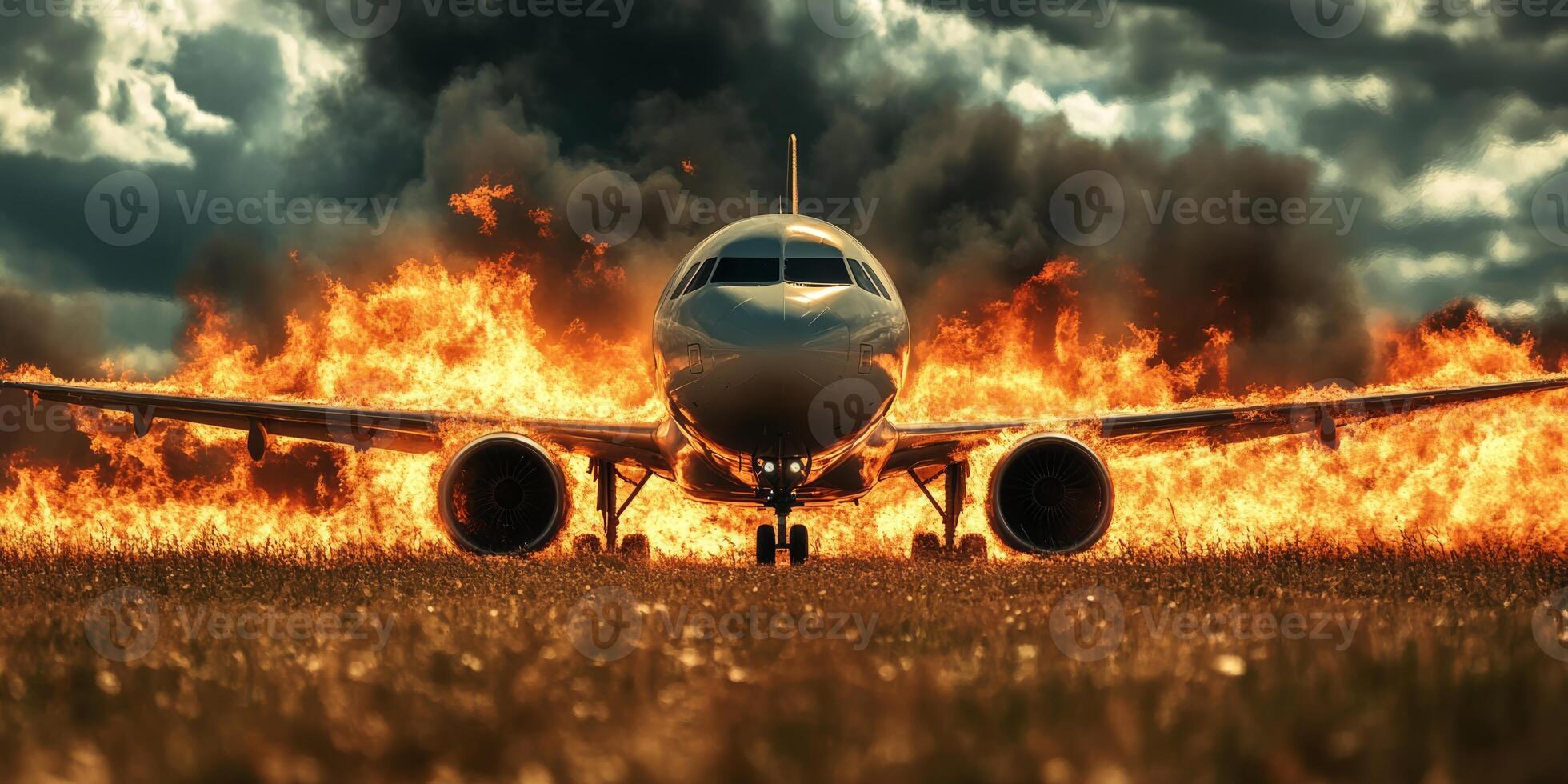 A horrifying airplane crash unfolds, engulfed in flames and thick smoke, depicting the chaotic aftermath of a disaster that urgently requires emergency services intervention and support photo