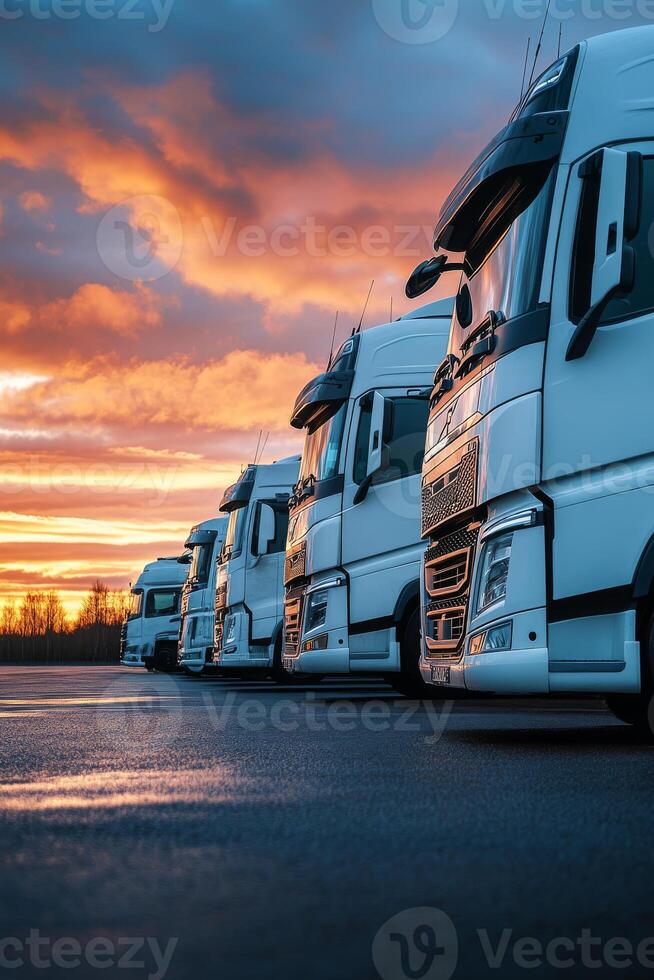 A fleet of white trucks rests under a vibrant sunrise, ready for cargo delivery and logistics. Perfect for freight and shipping industries to manage deliveries and routes efficiently photo