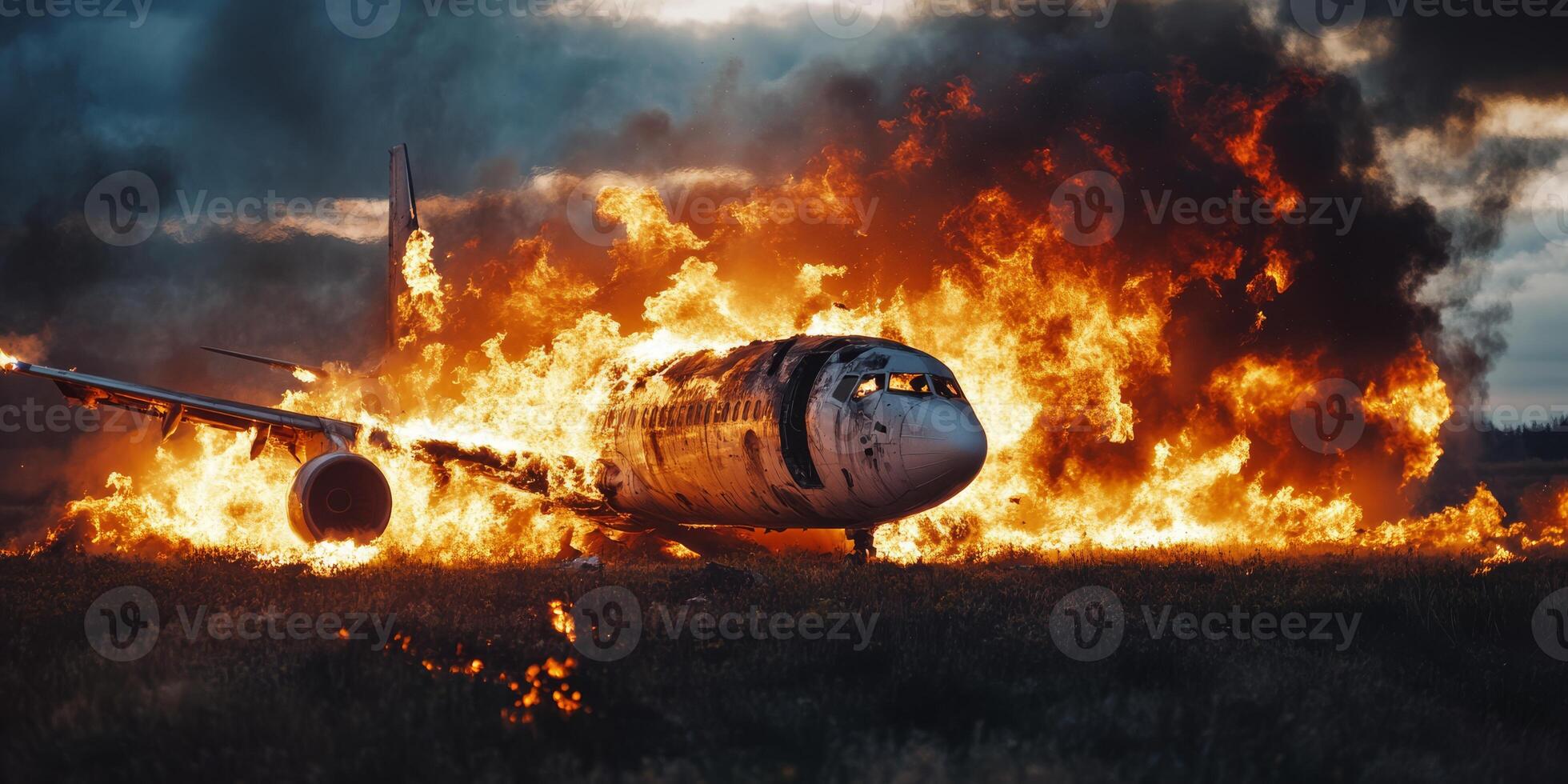 A dramatic scene of a plane crash unfolds as an aircraft is engulfed in flames, with thick smoke billowing into the sky, vividly illustrating the chaos of a major aviation disaster photo