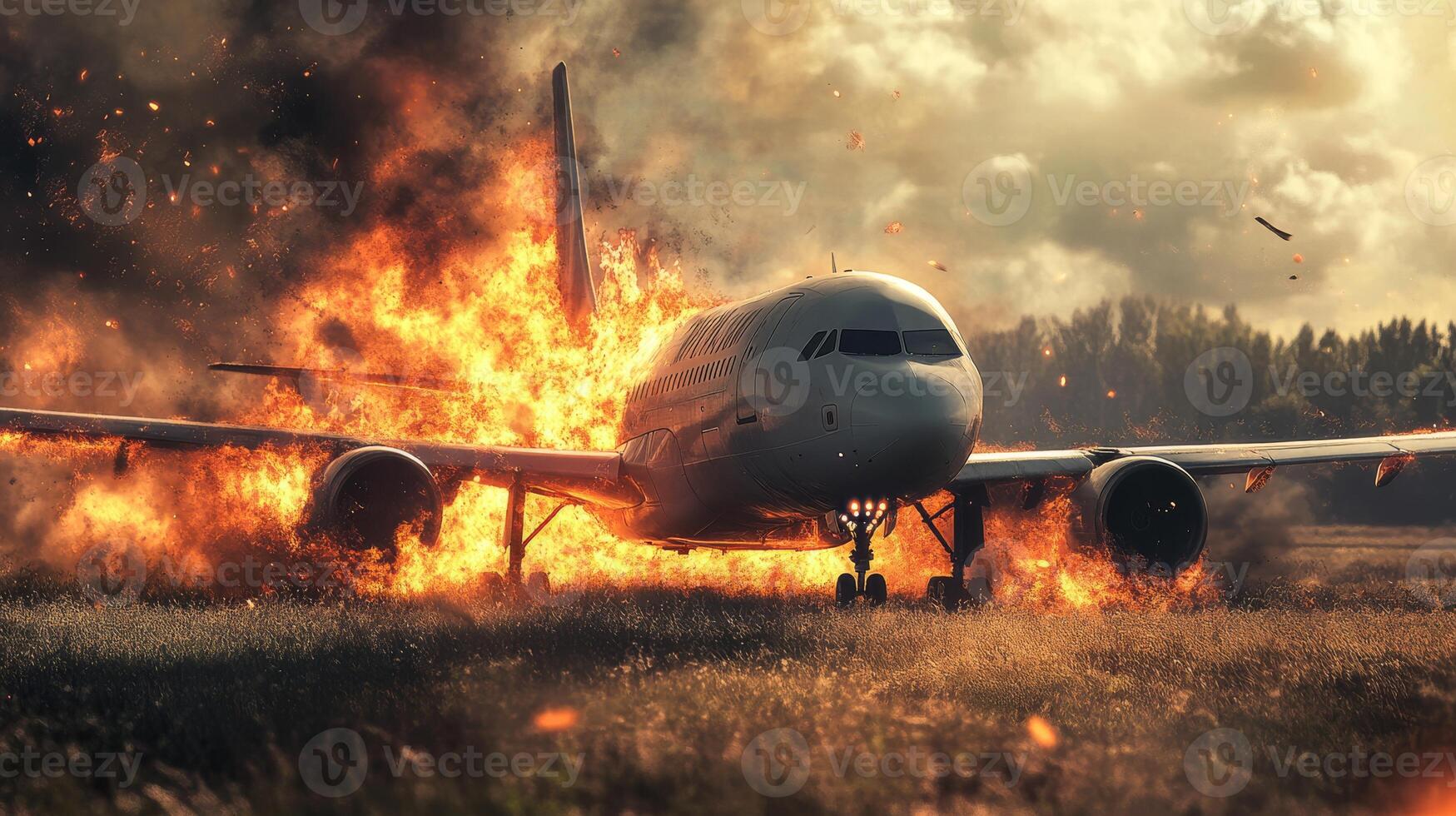 An aircraft is engulfed in flames after a crash, with thick smoke and debris in the air. Emergency services respond urgently to the chaos and destruction from this tragic aviation accident photo