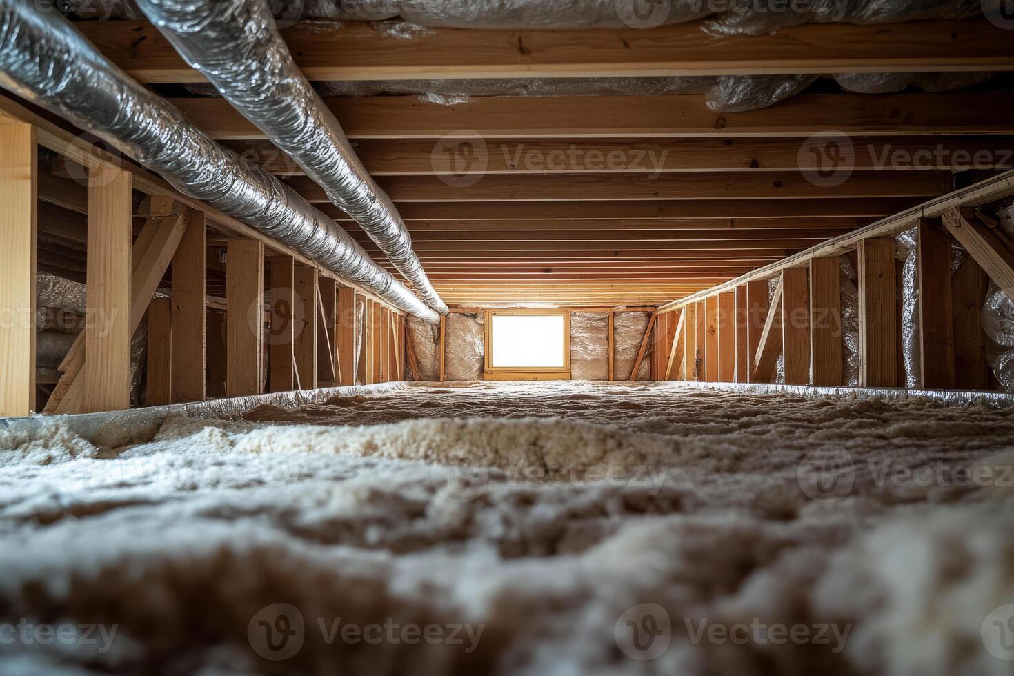 The image shows a homes crawl space, highlighting crucial elements like beams, insulation, and plumbing that reveal the hidden infrastructure essential for construction and maintenance photo