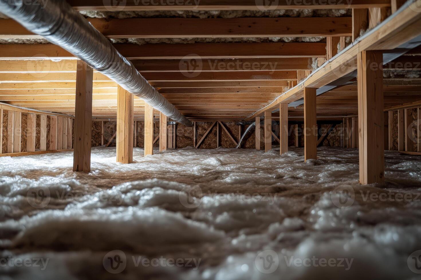 This piece reveals hidden aspects of a home, focusing on insulation, wooden beams, and plumbing in the crawl space, which are crucial for structural integrity and property maintenance photo