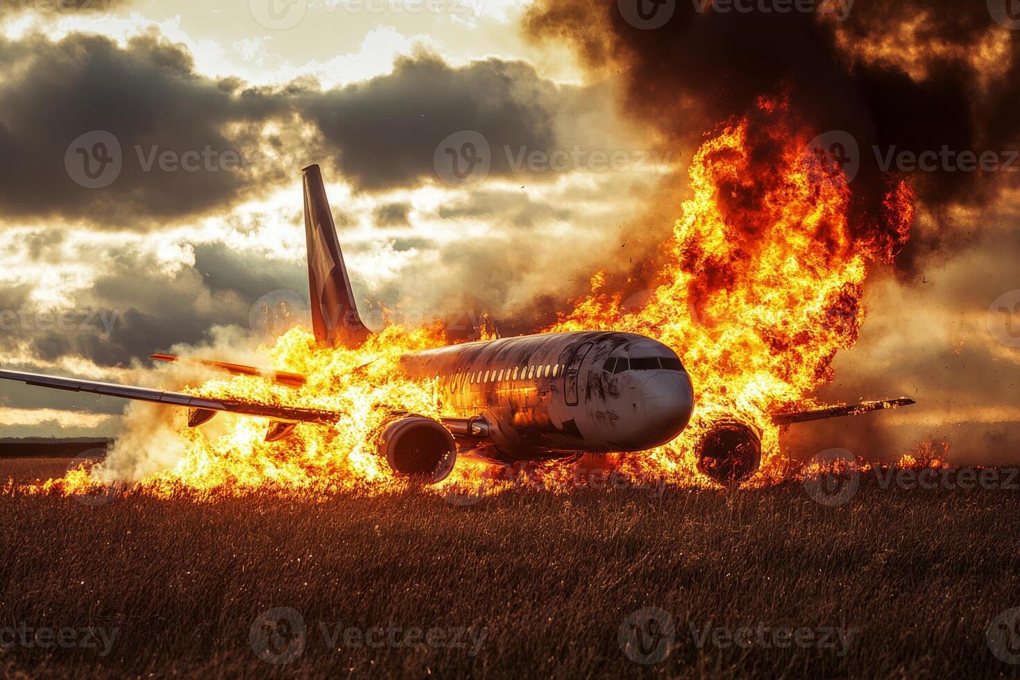 A large, burning airplane crashes into an empty field, engulfed in flames and smoke, illustrating the chaos and destruction of a devastating aviation accident that leaves the scene in disarray photo