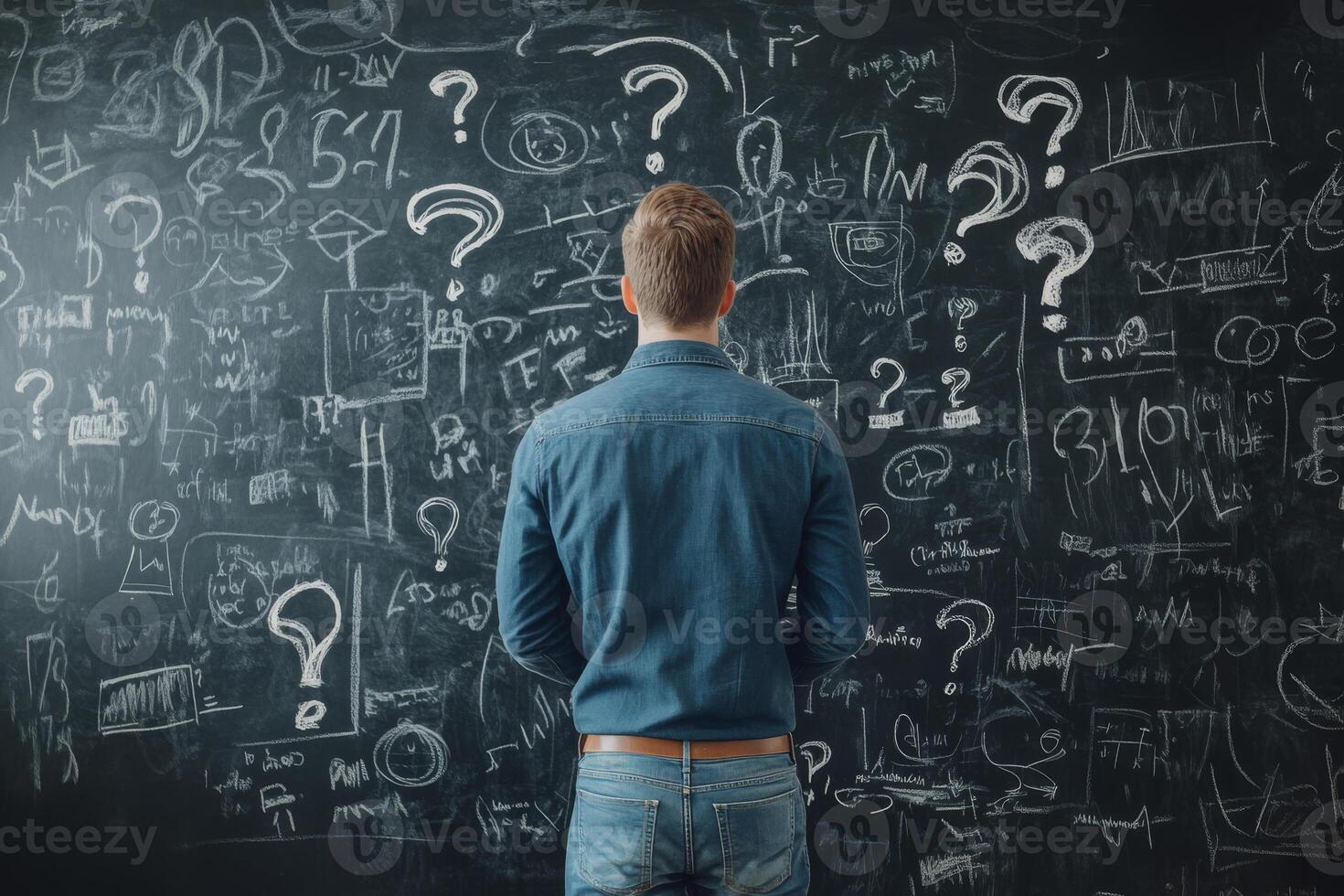 A man stands before a blackboard filled with notes and diagrams, deeply contemplating his business plan while strategizing his next steps and decisions that will impact his future photo