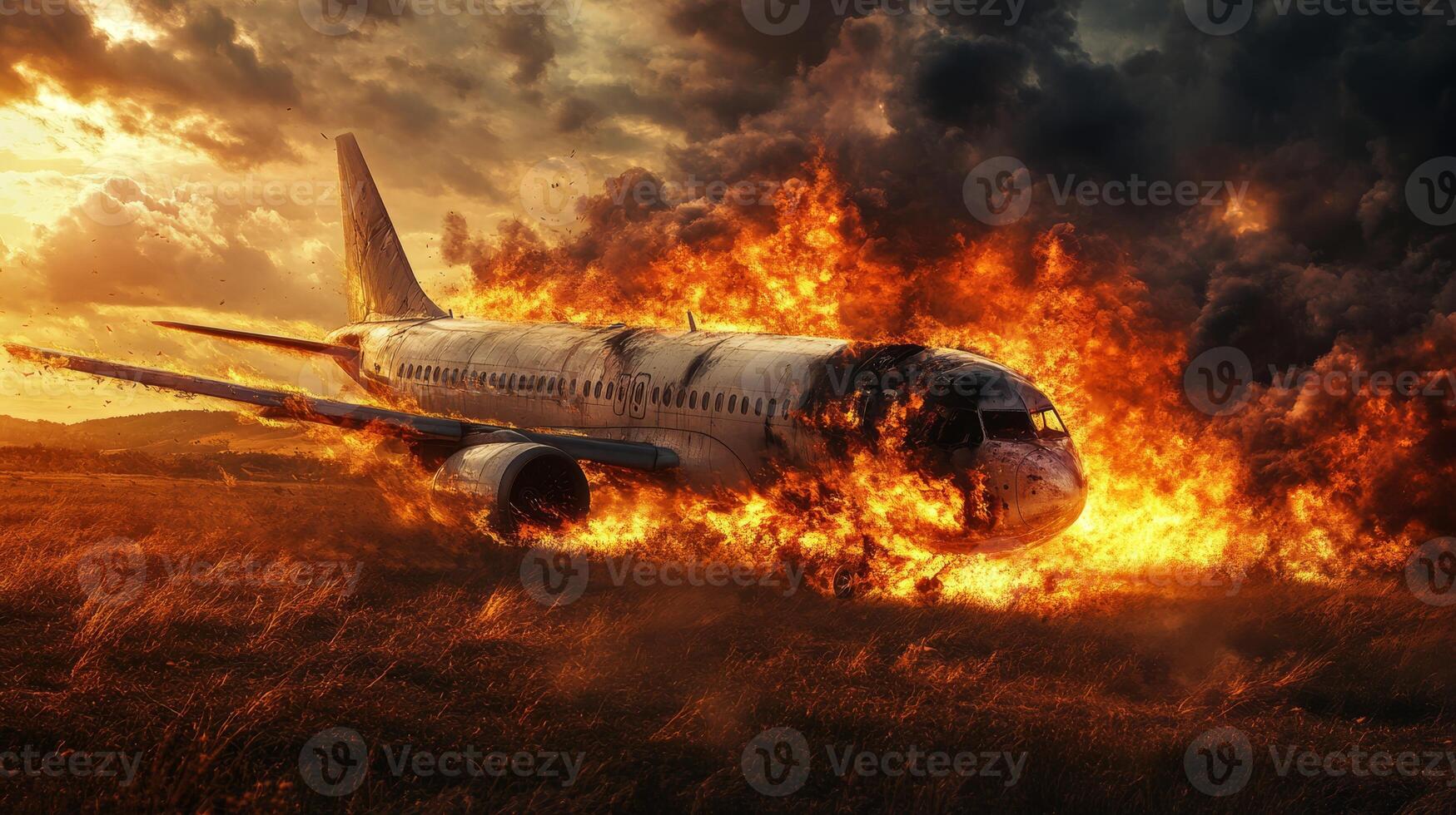 A dramatic portrayal of an airplane crash, showcasing chaos with fierce flames and thick smoke, illustrating the harrowing aftermath of this devastating aviation disaster leaving many in despair photo