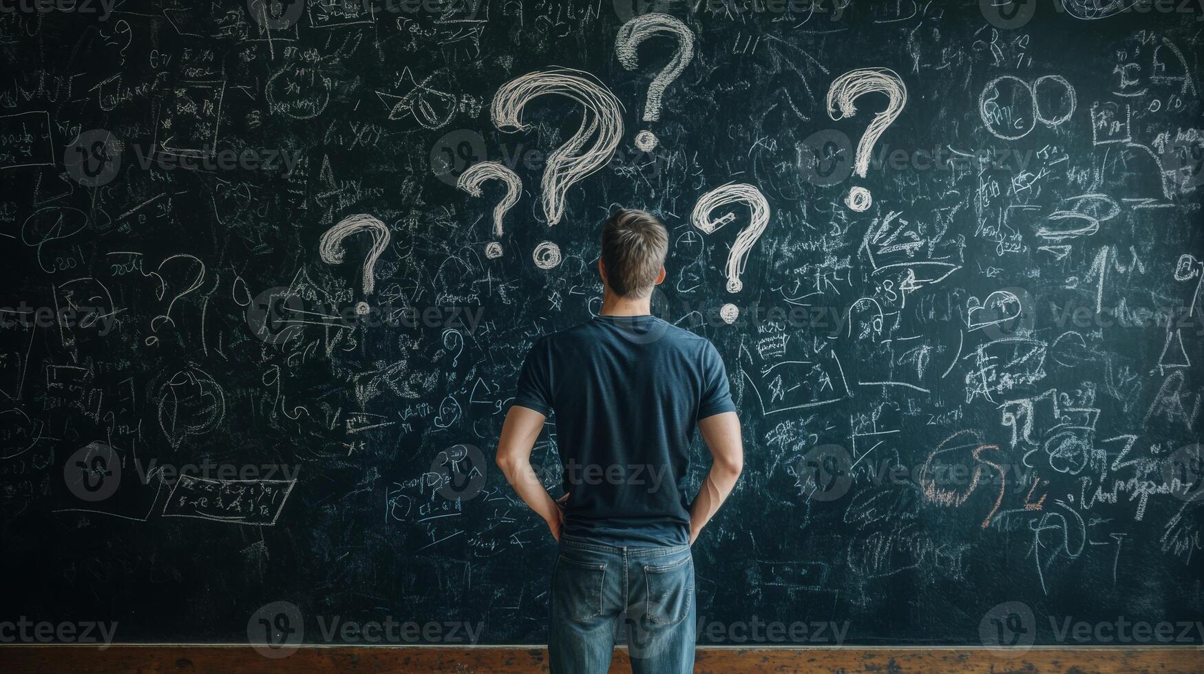 A man stands before a chaotic blackboard filled with question marks and scribbles, reflecting on a complex business plan that symbolizes the challenges of the entrepreneurial journey photo