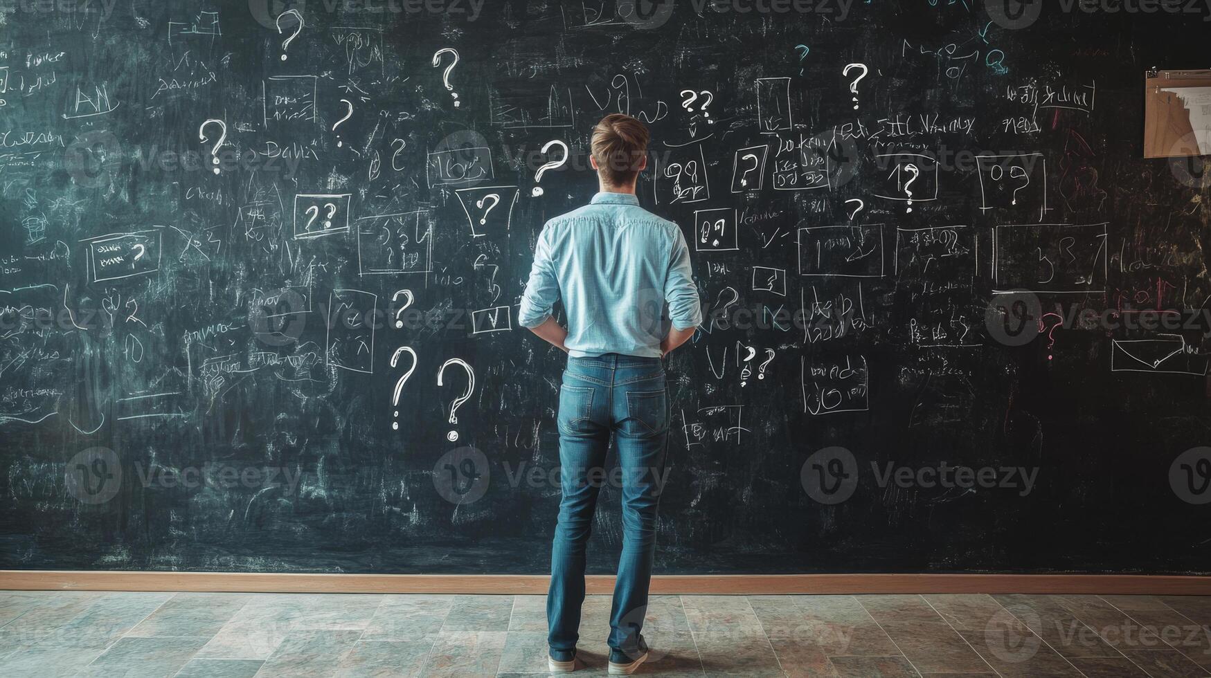 A thoughtful man stands before a blackboard of question marks and scribbles, symbolizing his search for clarity as he crafts a detailed business plan vital for his entrepreneurial efforts photo