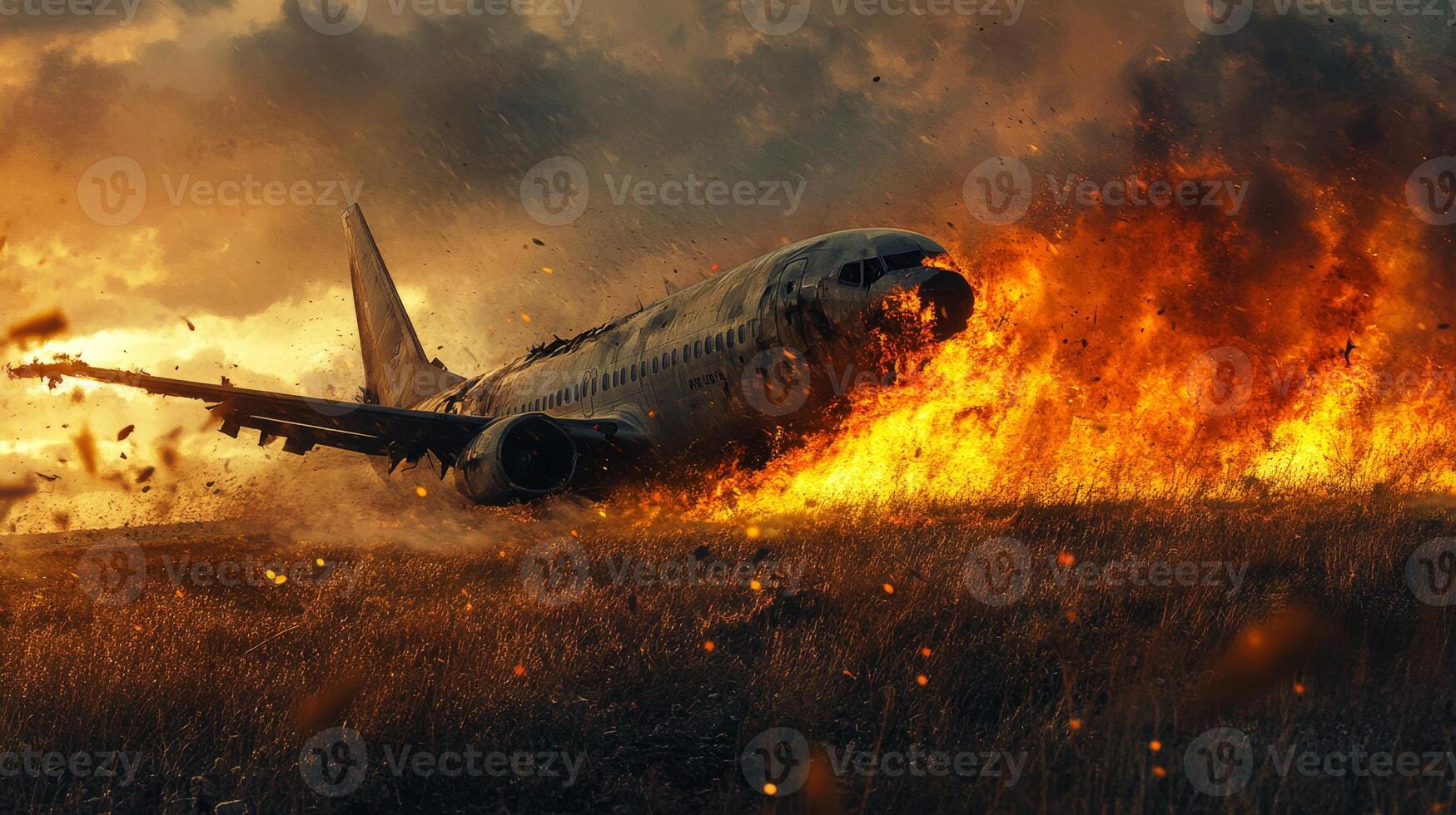This powerful image vividly depicts a catastrophic airplane crash, showcasing intense flames, billowing smoke, and scattered debris in the midst of a chaotic emergency landing scenario photo