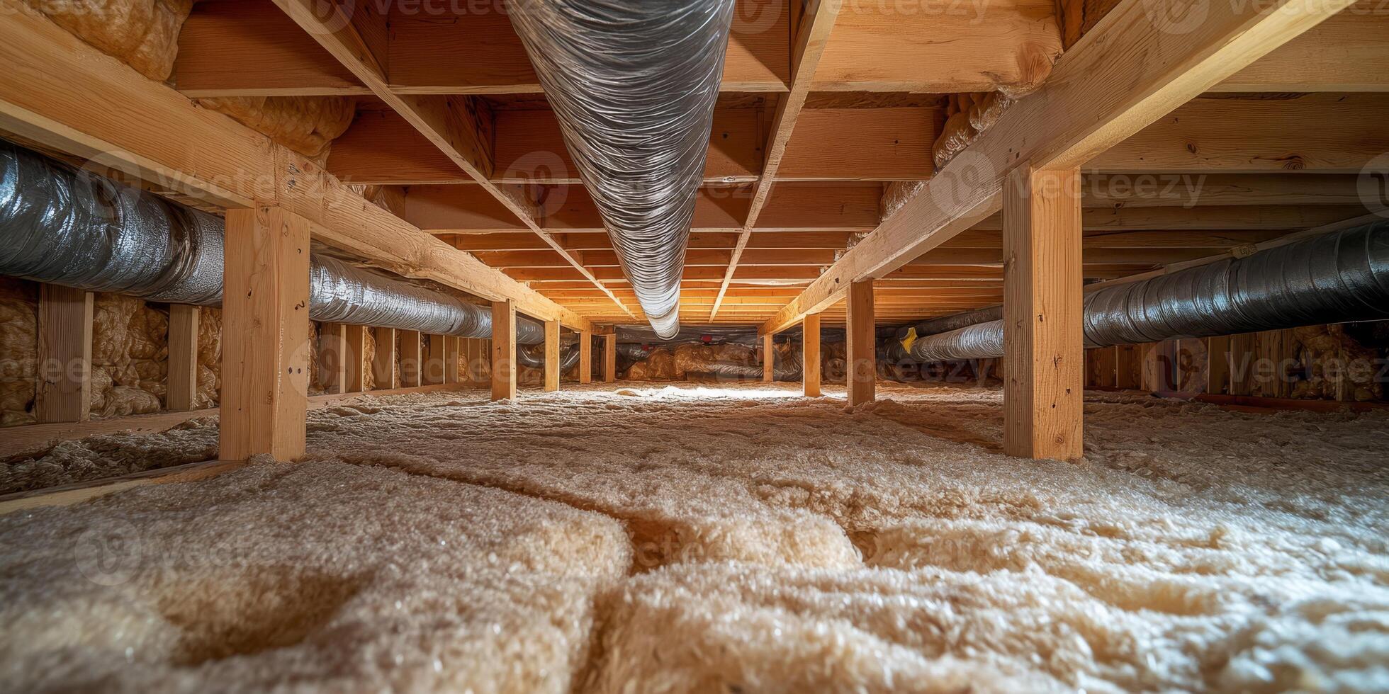The photograph provides a comprehensive view of a crawl space that highlights the intricate arrangement of mechanical piping and insulation located within the structural confines of a home photo