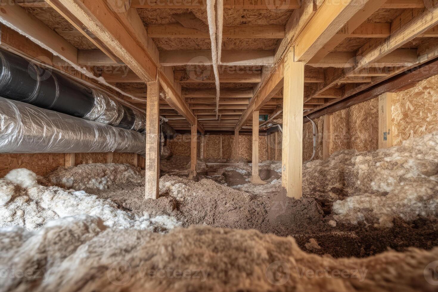 This image details a basements structural components like beams, insulation, and plumbing, showcasing the mechanisms in home design and the maintenance needed for a wellfunctioning space photo