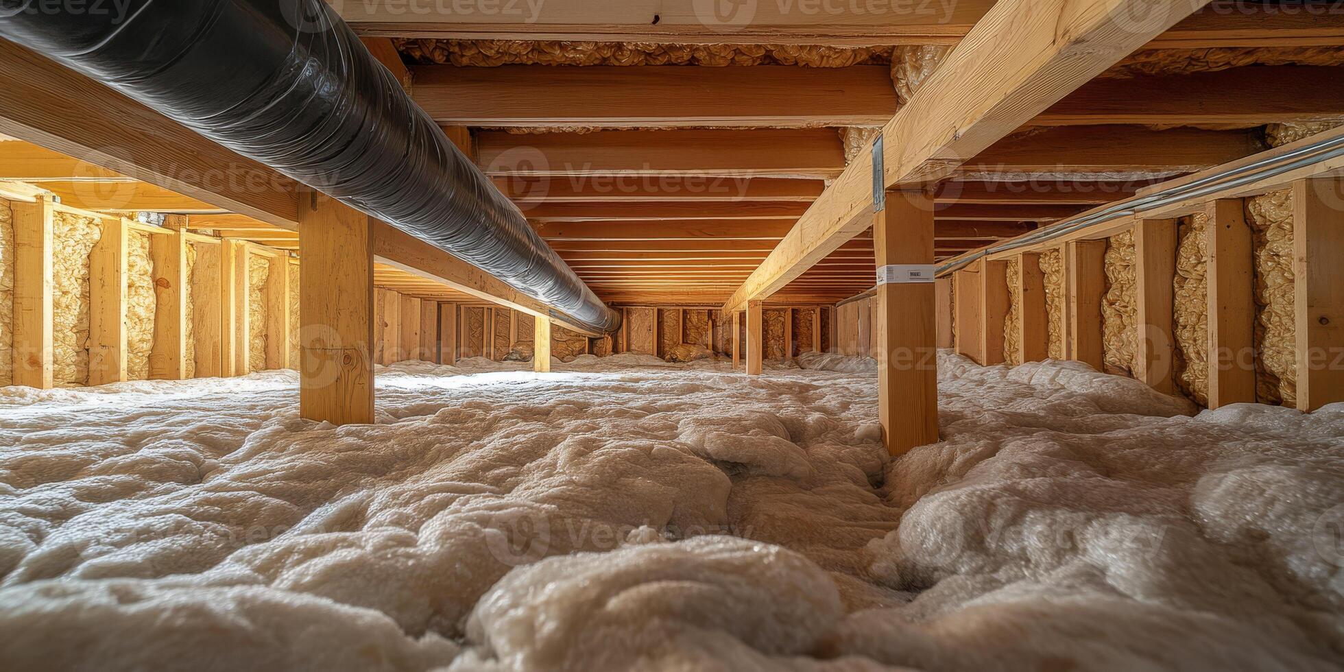 Dive into the fascinating and complex design of a crawl space that beautifully showcases insulation, sturdy wooden beams, and important plumbing features within a typical residential foundation photo