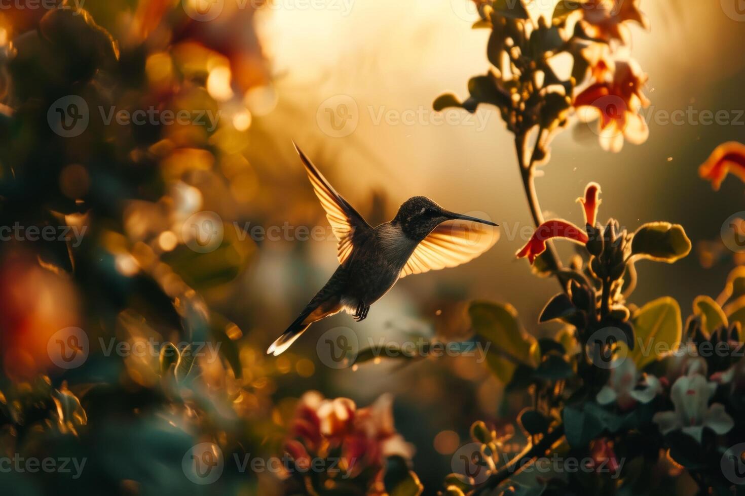 The hummingbird flying in the forest photo
