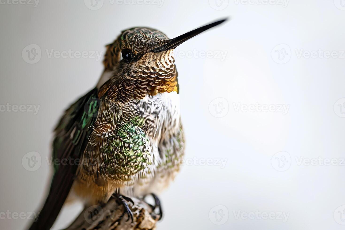 The hummingbird standing on the roated isolated on white background photo