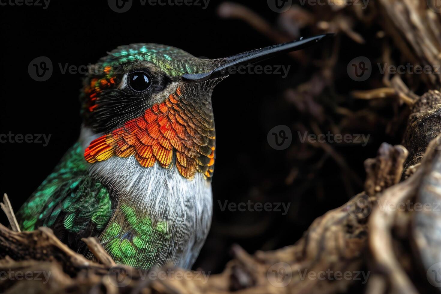 Ruby throated hummingbird on the roated in studio isolated on black background photo