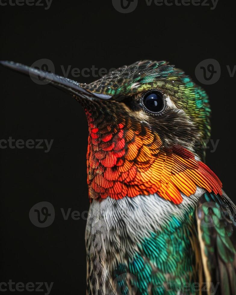 Ruby throated hummingbird in studio isolated on black background photo