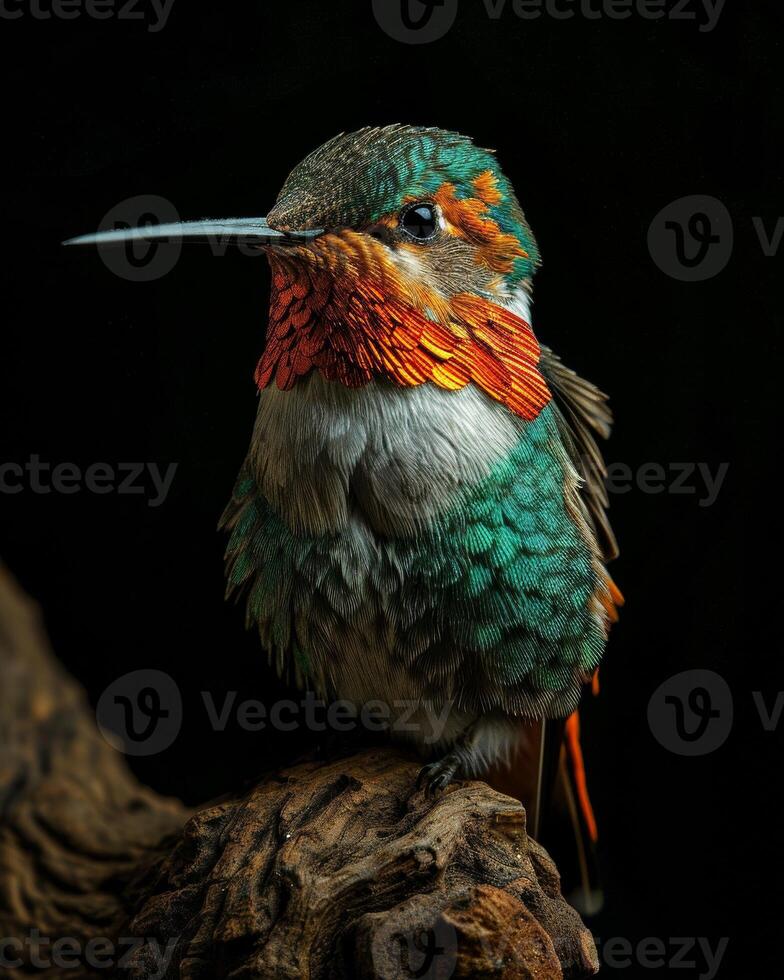 Ruby throated hummingbird on the roated in studio isolated on black background photo