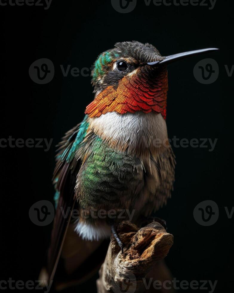 Ruby throated hummingbird on the roated in studio isolated on black background photo