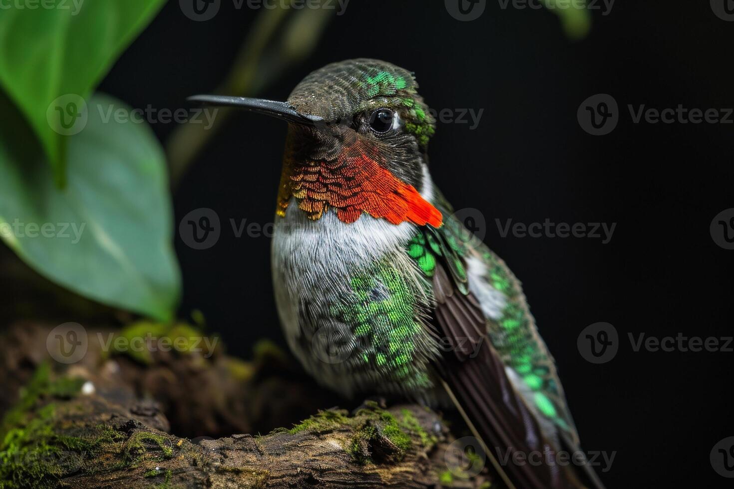 Ruby throated hummingbird on the roated in studio isolated on black background photo