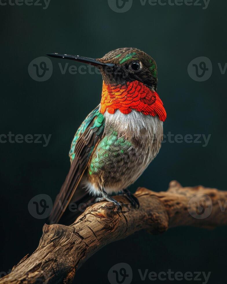 Ruby throated hummingbird on the roated in studio isolated on black background photo