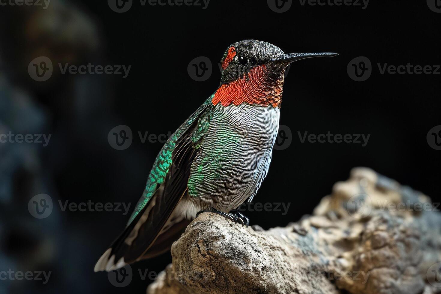 Ruby Throated hummingbird on the roated in studio isolated on black background photo