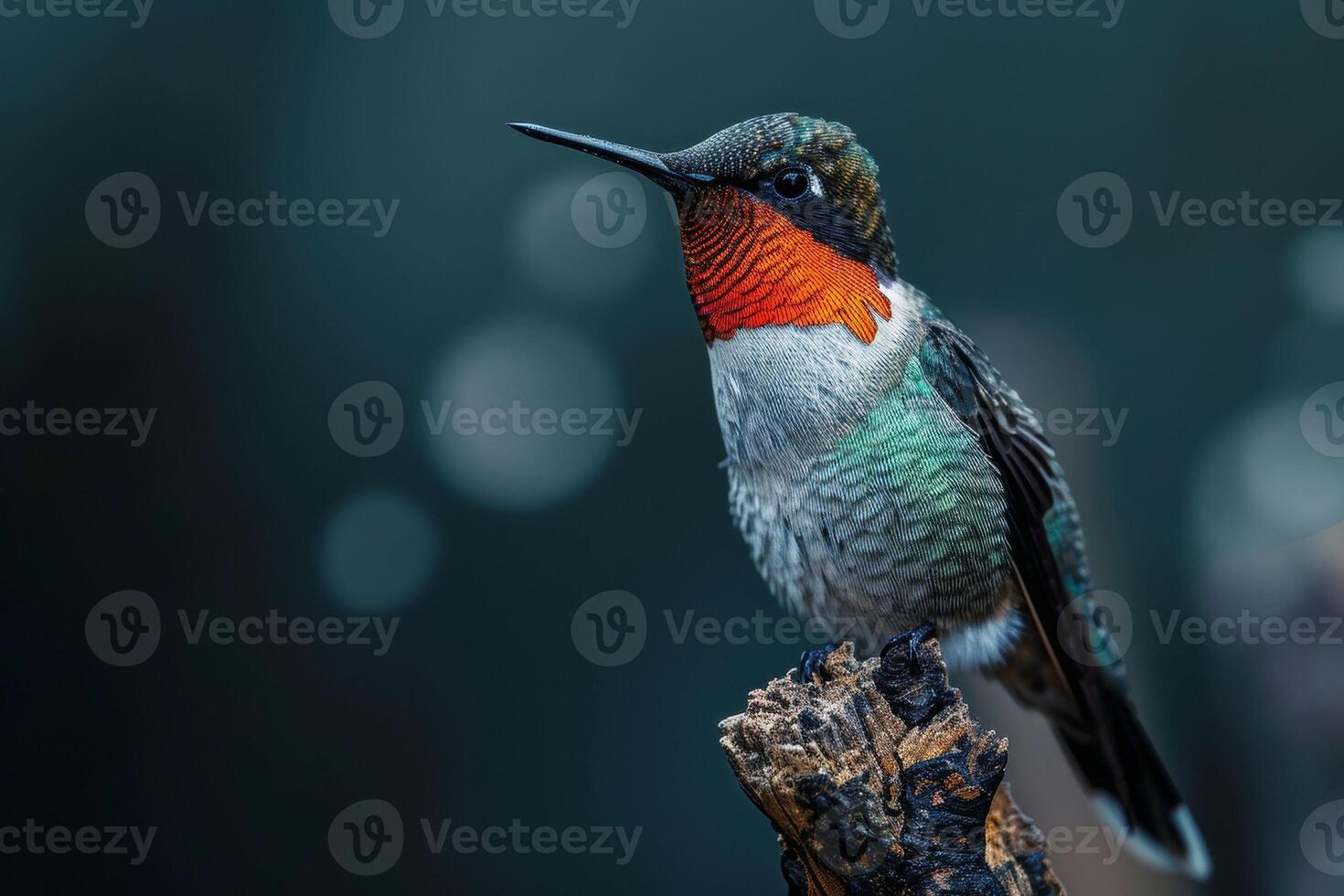 Ruby Throated hummingbird on the roated in studio photo
