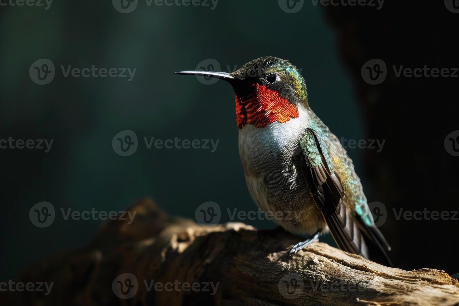 Ruby Throated hummingbird on the roated in studio isolated on black background photo