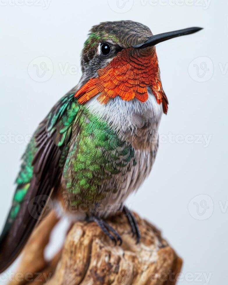 Ruby Throated hummingbird on the roated in studio isolated on white background photo