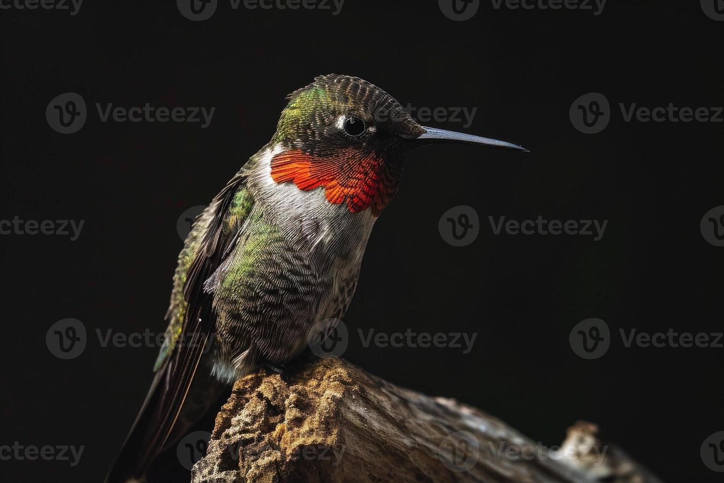 Ruby Throated hummingbird on the roated in studio isolated on black background photo
