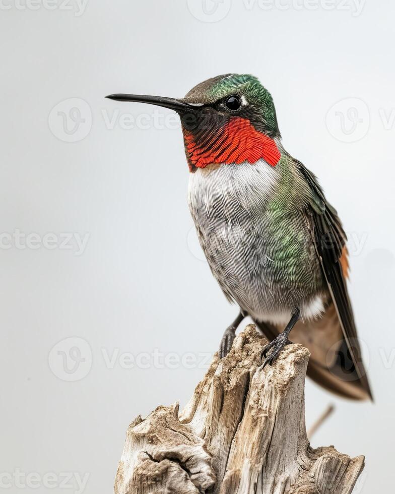 Ruby Throated hummingbird on the roated in studio isolated on white background photo