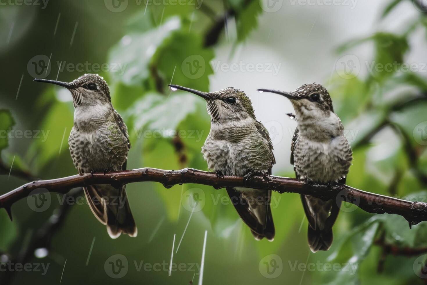 Three Ruby throated hummingbird in rainfall on the roated photo