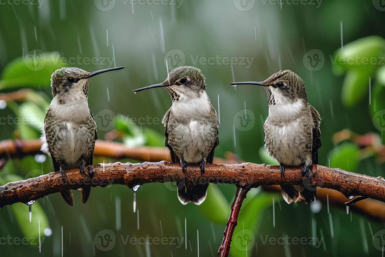 Three Ruby throated hummingbird in rainfall on the roated photo