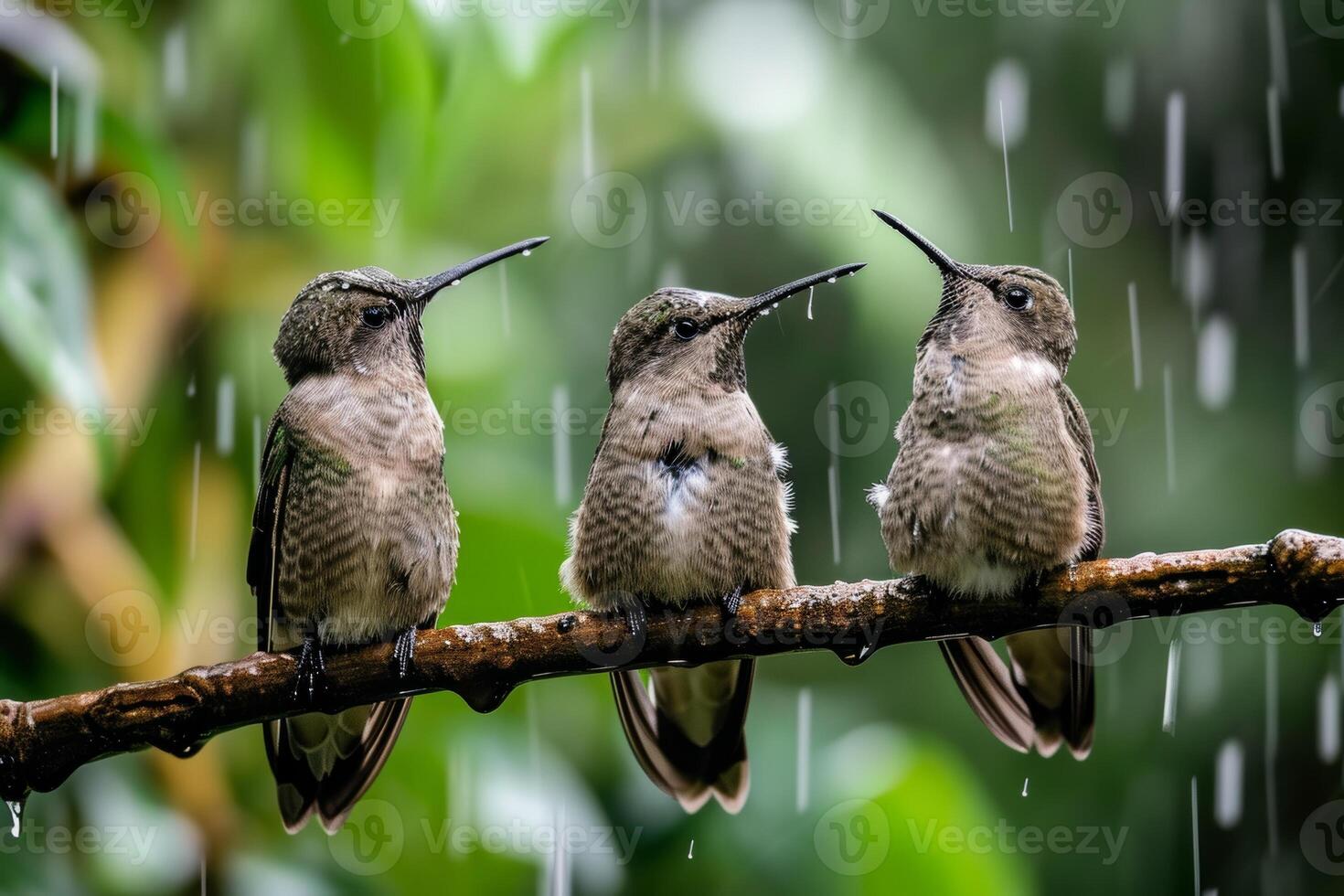 Three Ruby throated hummingbird in rainfall on the roated photo