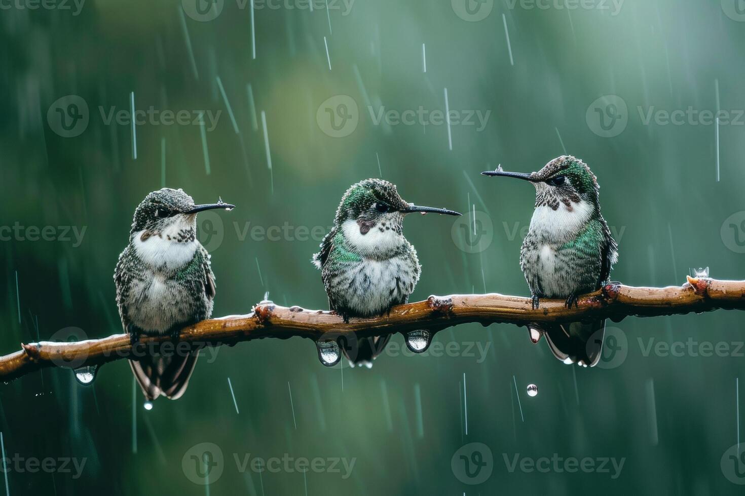 Three Ruby throated hummingbird in rainfall on the roated photo