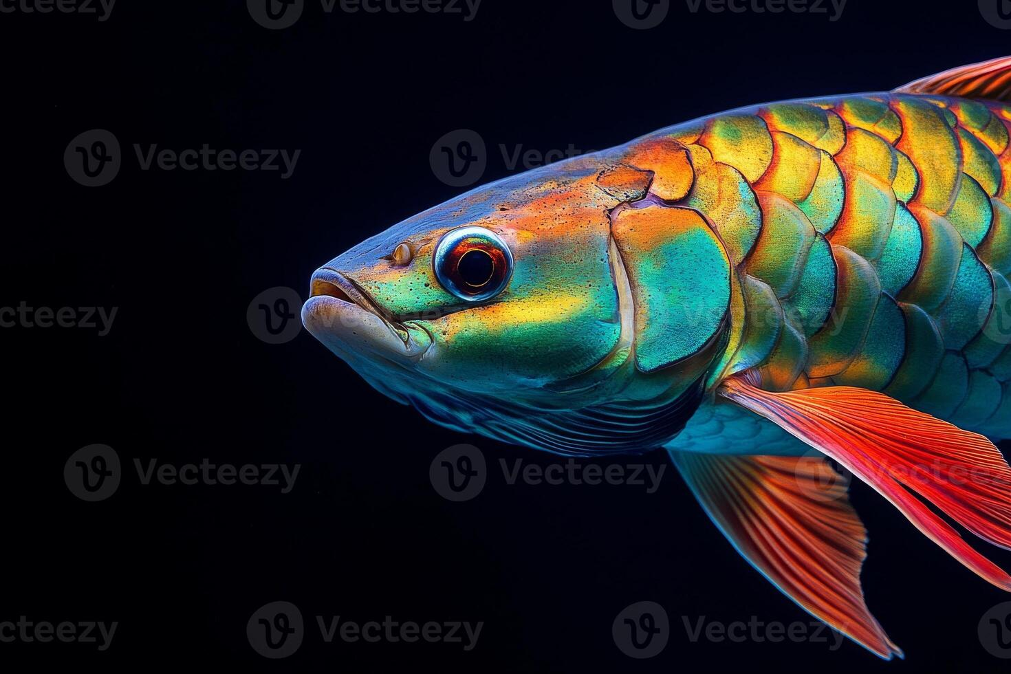 A colorful fish with bright red and green fins photo