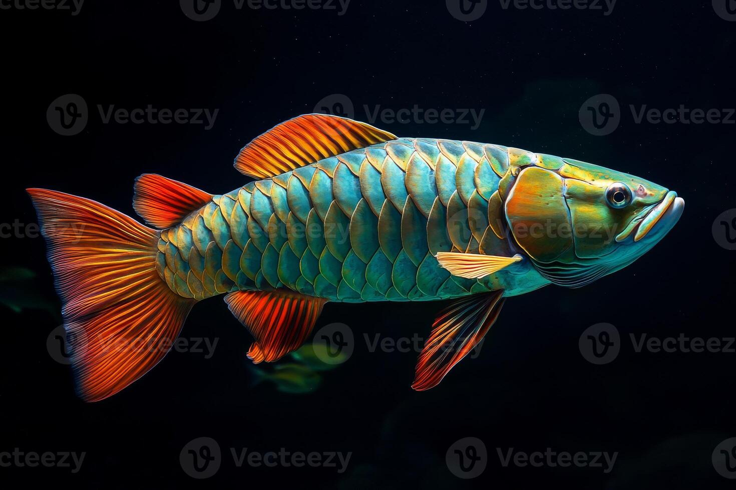 A colorful fish with bright orange and green fins photo