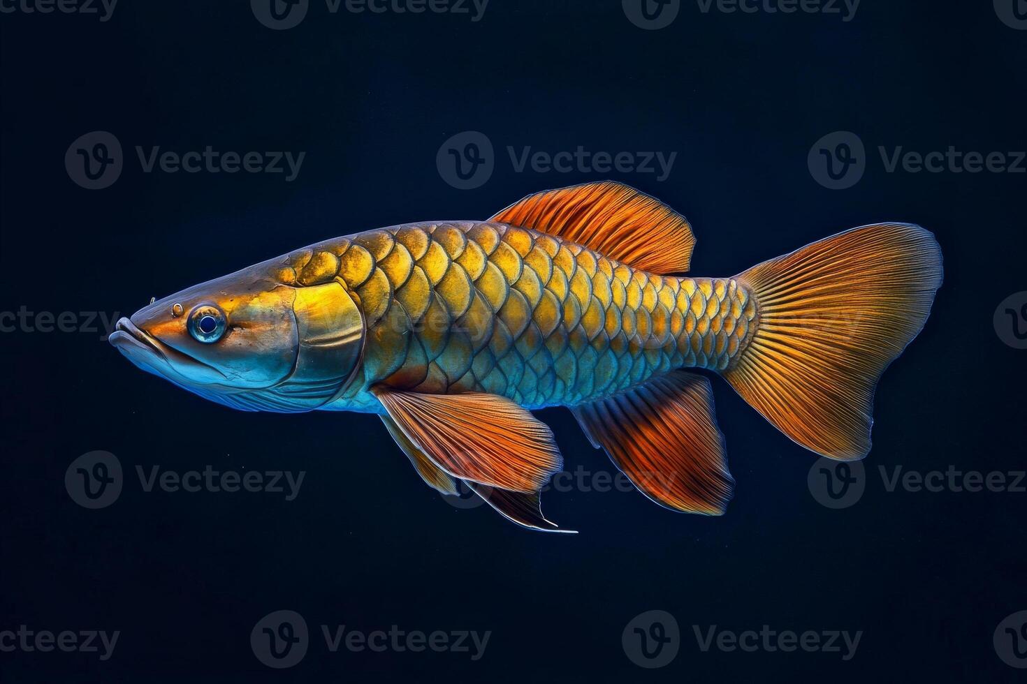 Golden arowana fish on black background photo