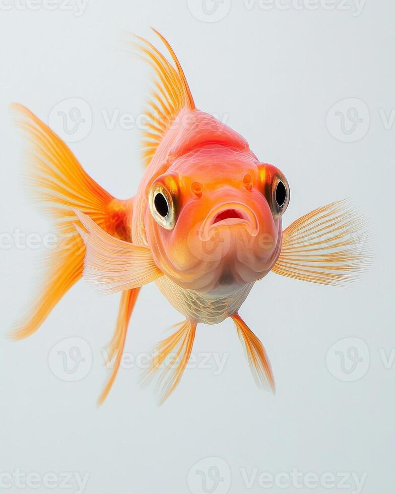 A goldfish with its mouth open on a white background photo