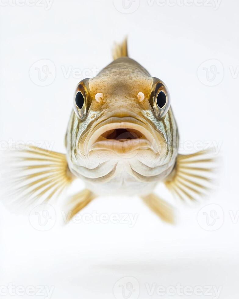A fish with its mouth open looking up photo