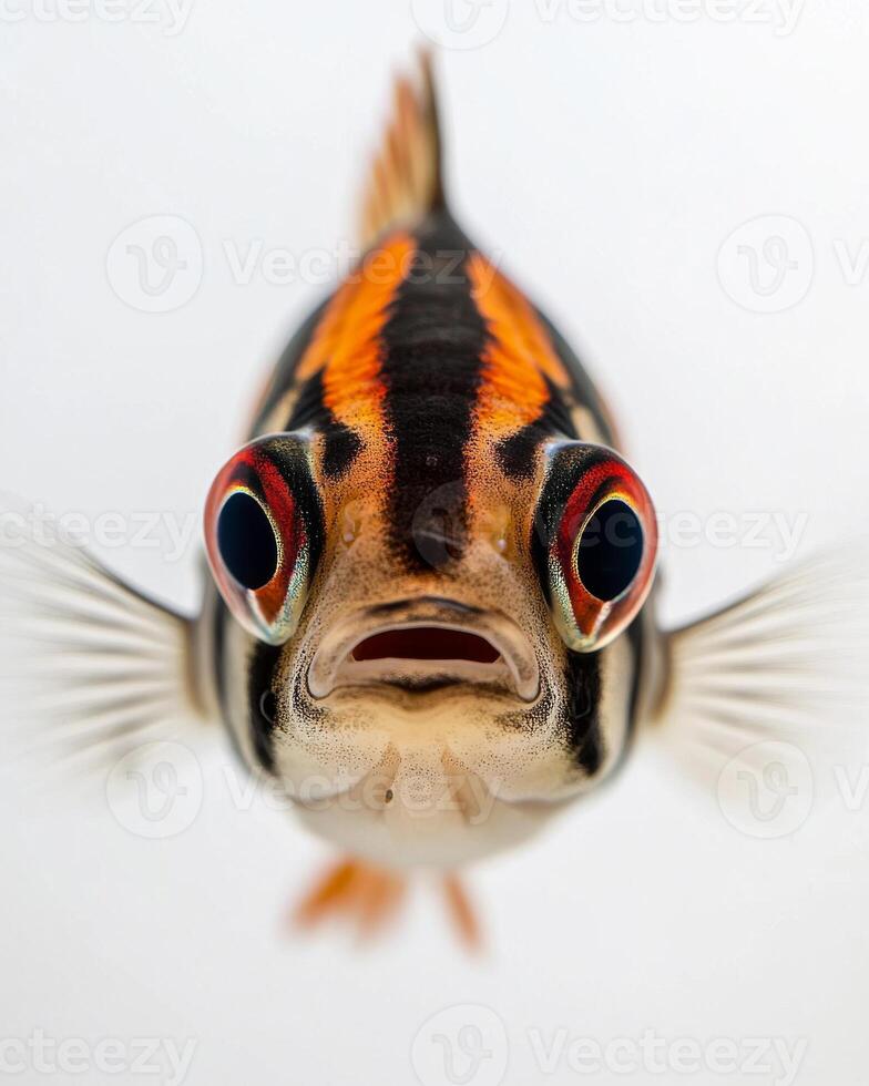 A close up of a fish with red eyes photo