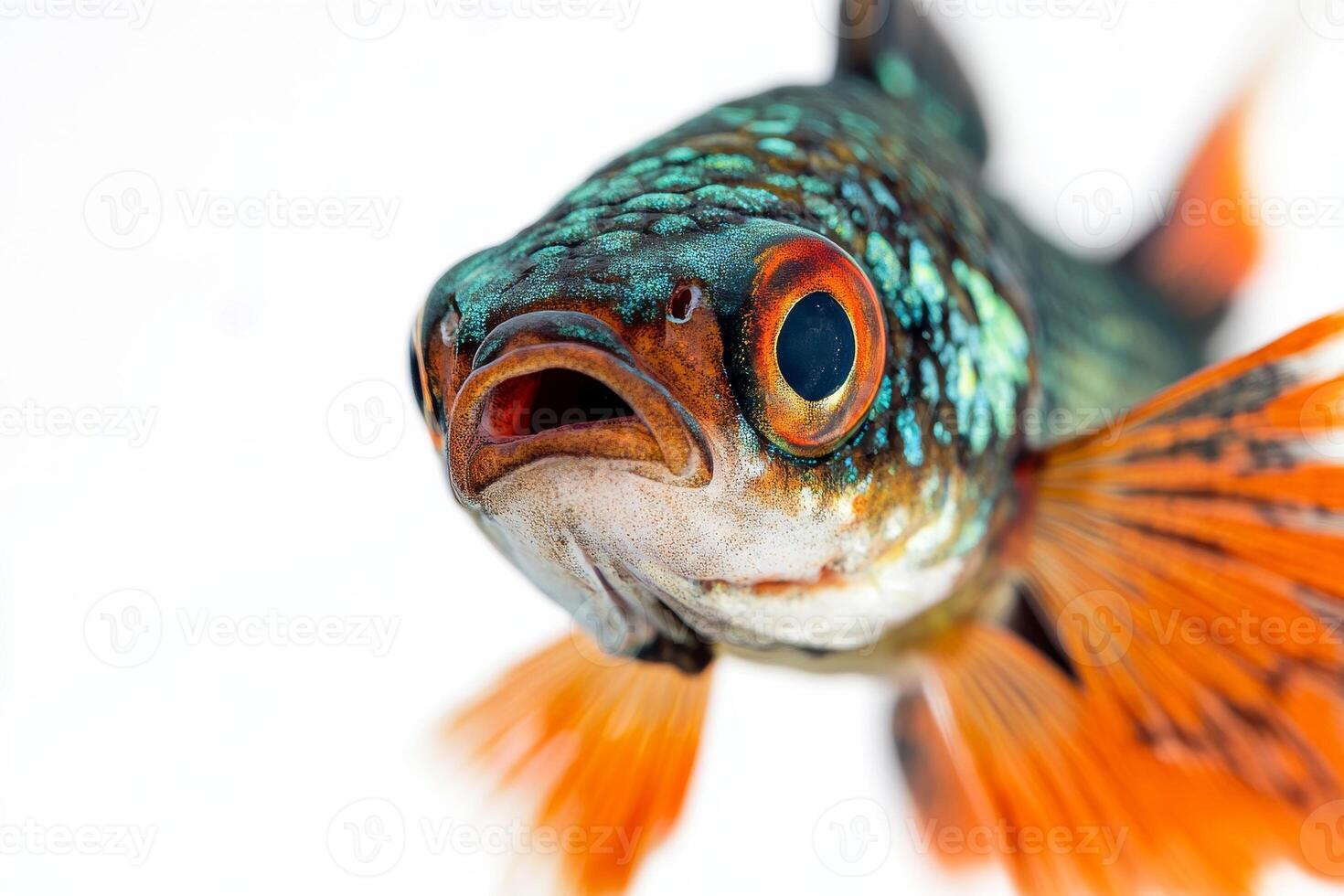 A fish with orange and green fins is looking at the camera photo