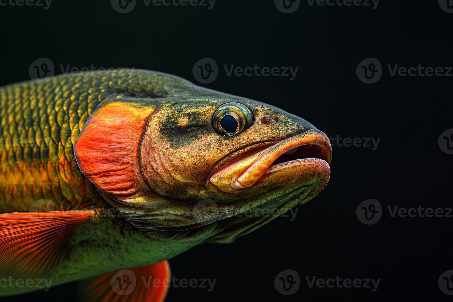 A close up of a fish with a red and orange face photo