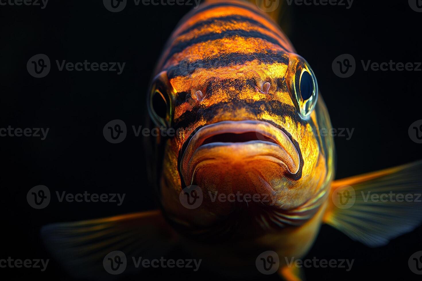 A close up of a fish with a black background photo
