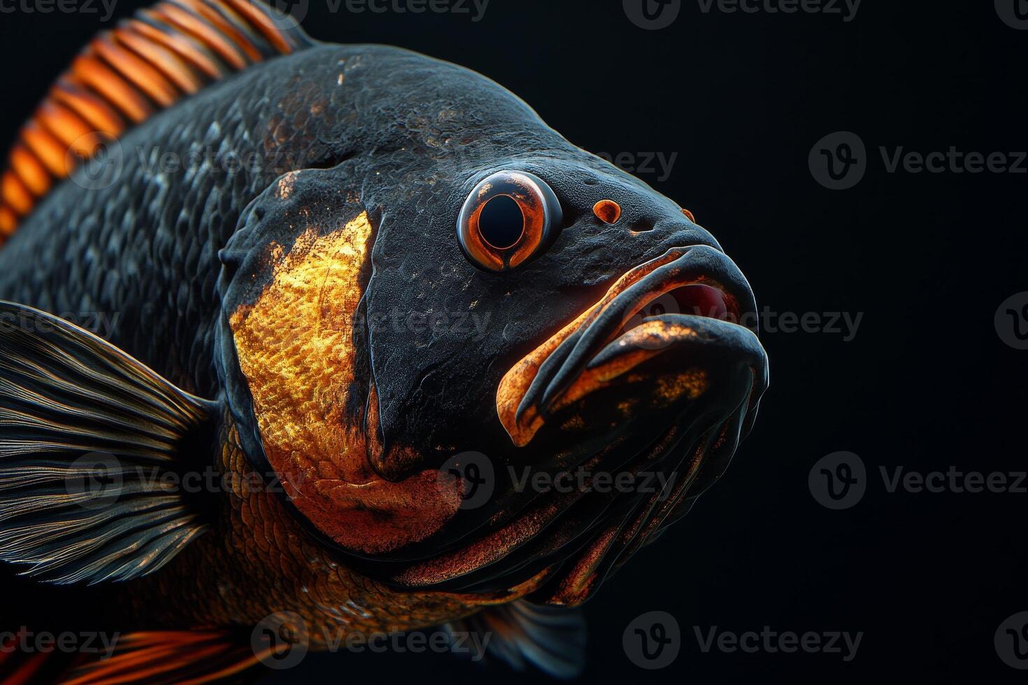 A close up of a fish with orange and black stripes photo