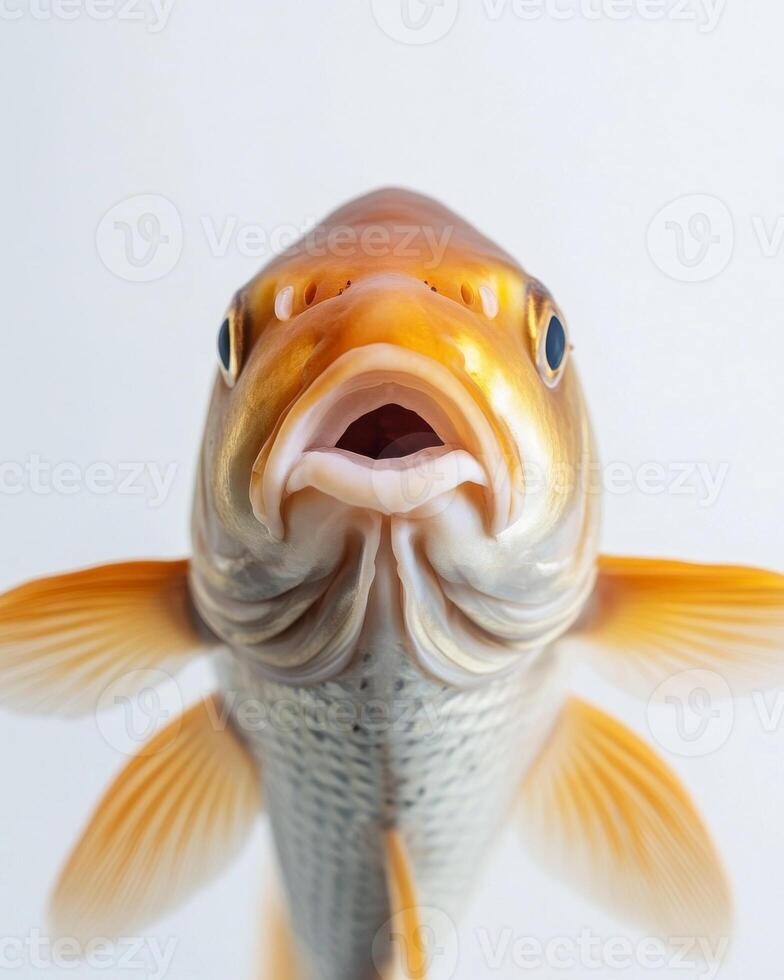 A close up of a goldfish with its mouth open photo